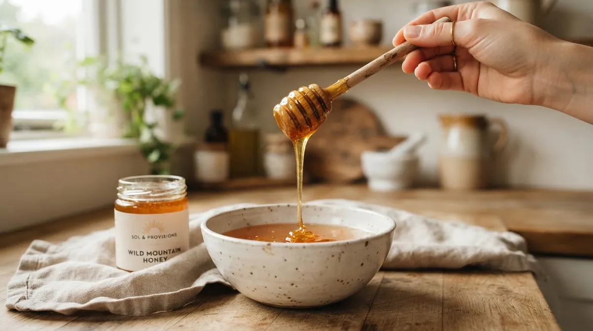 Honey being drizzled into a bowl