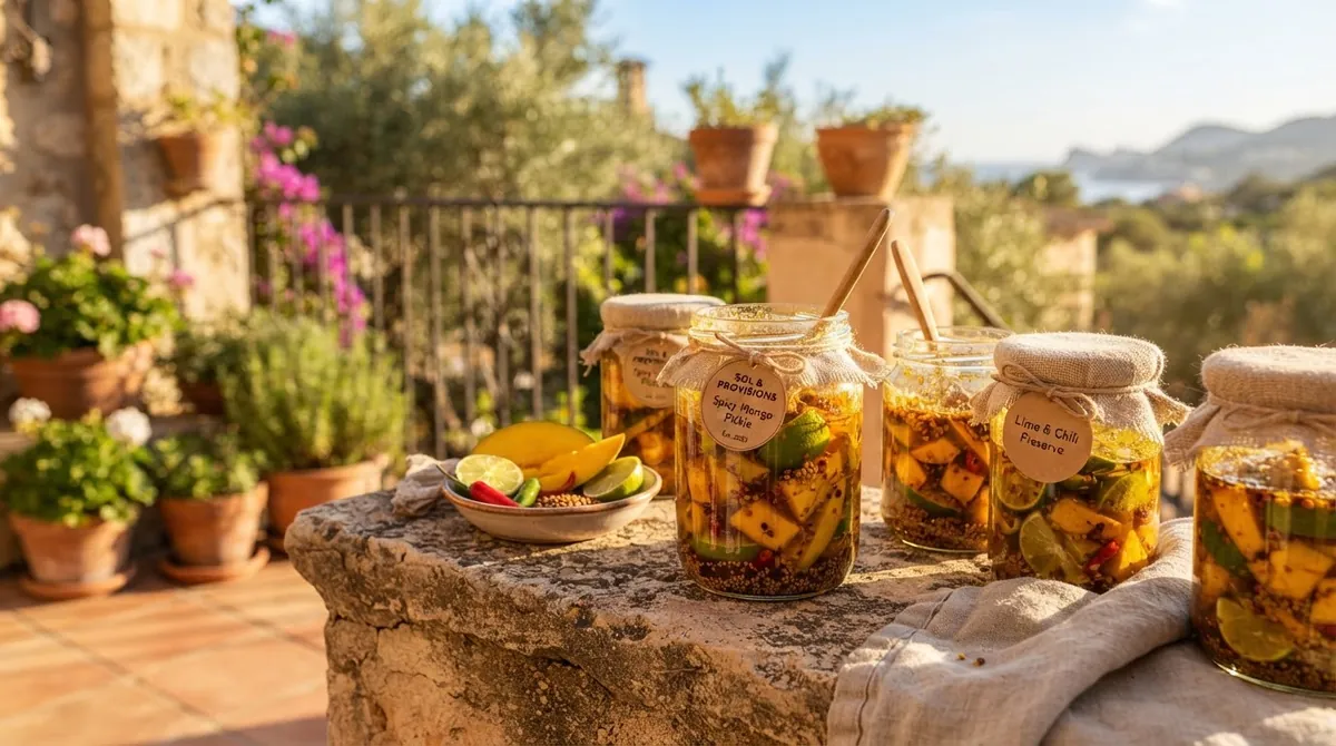 Jars of pickles on a stone ledge
