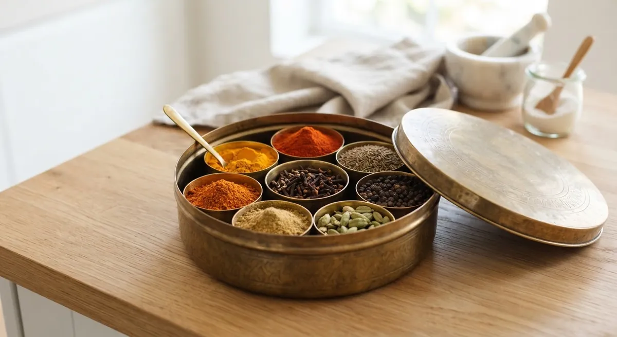 A brass spice box with ground spices